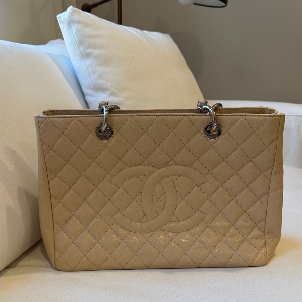 Chanel Beige Quilted Caviar Grand Shopping Tote Bag